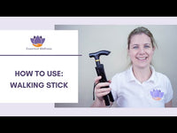 Physiotherapist demonstrates how to adjust the Essential Wellness Folding Walking Stick to the right height